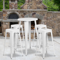 Flash Furniture CH-51080BH-4-30SQST-WH-GG 24" Round Bar Table Set with 4 Square Seat Backless Barstools in White